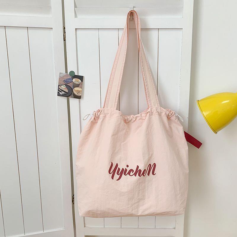 Dopamine Color Drawstring Canvas Shoulder Bag – Korean Lazy Style Large Tote for School & Commute