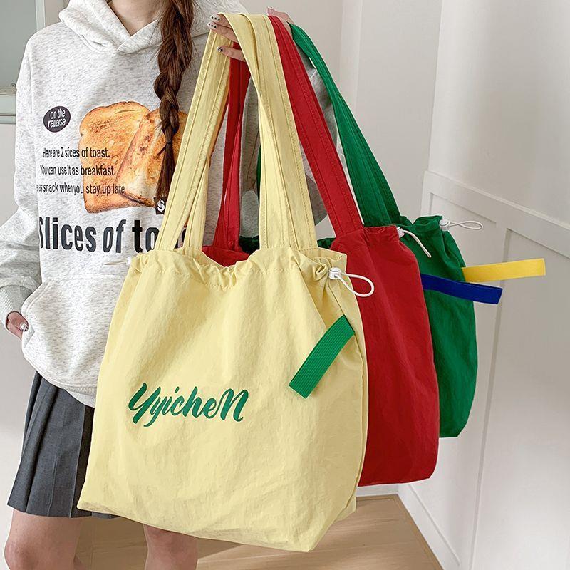 Dopamine Color Drawstring Canvas Shoulder Bag – Korean Lazy Style Large Tote for School & Commute