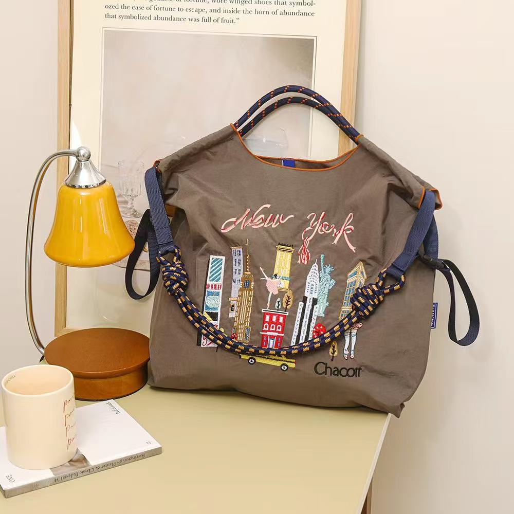 Japanese Style Ball Chain Embroidery Canvas Crossbody Bag – Eco Tote Shoulder Bag