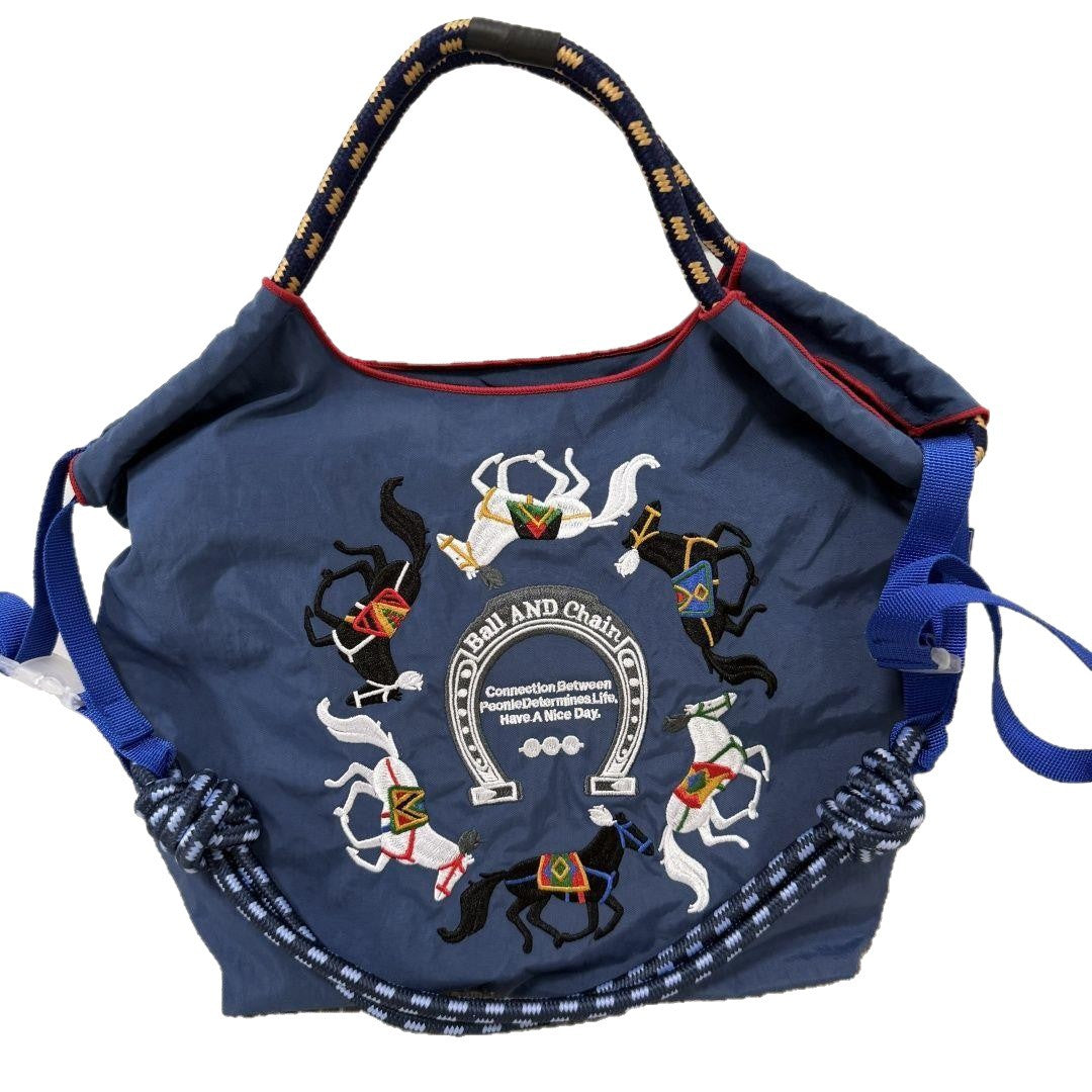 Kawaii Heavy Embroidery Canvas Tote Bag – Streetwear Shoulder Bag with Crossbody Strap