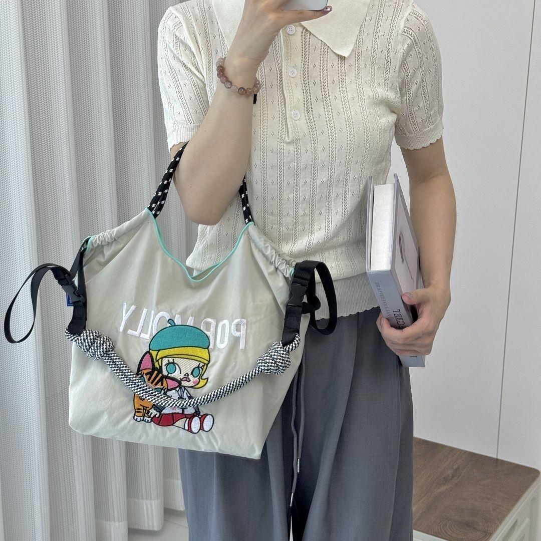Kawaii Heavy Embroidery Canvas Tote Bag – Streetwear Shoulder Bag with Crossbody Strap
