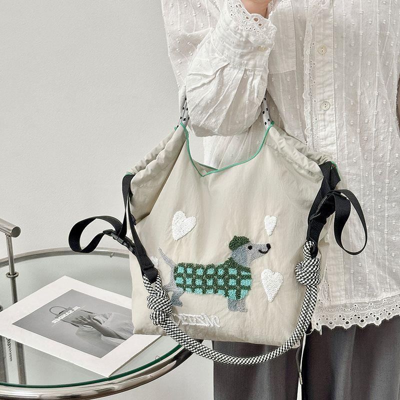 Kawaii Heavy Embroidery Canvas Tote Bag – Streetwear Shoulder Bag with Crossbody Strap