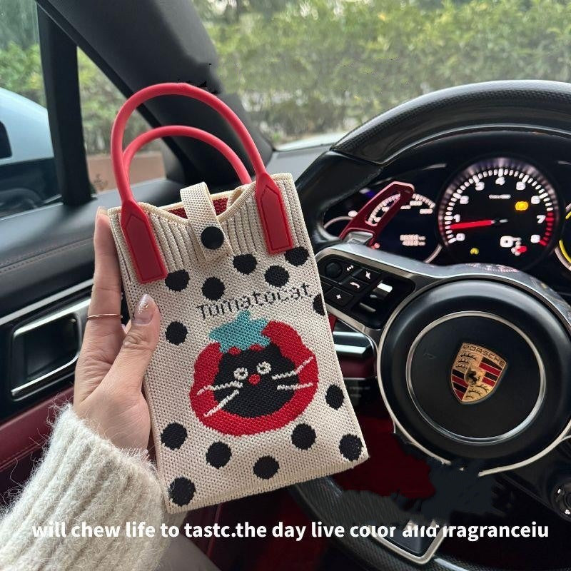 Kawaii Knit Phone Crossbody Bag – Cute Cartoon Mini Shoulder Bag for Cycling, Work & Daily Outings