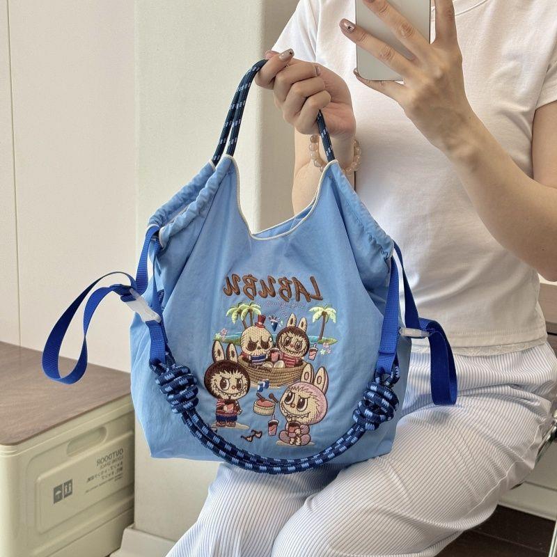 Kawaii Heavy Embroidery Canvas Tote Bag – Streetwear Shoulder Bag with Crossbody Strap