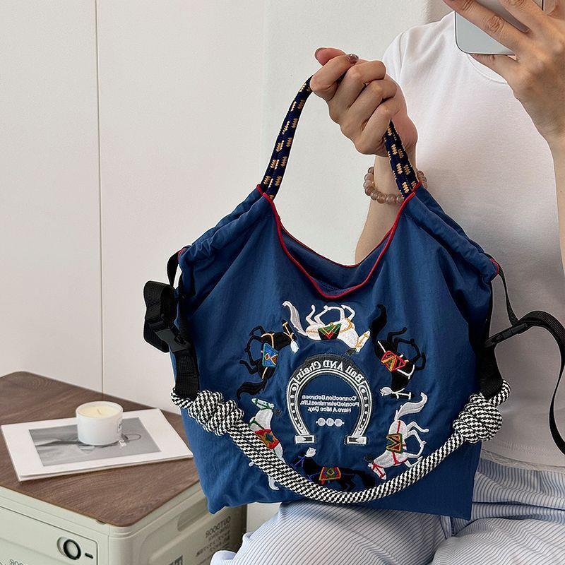 Kawaii Heavy Embroidery Canvas Tote Bag – Streetwear Shoulder Bag with Crossbody Strap