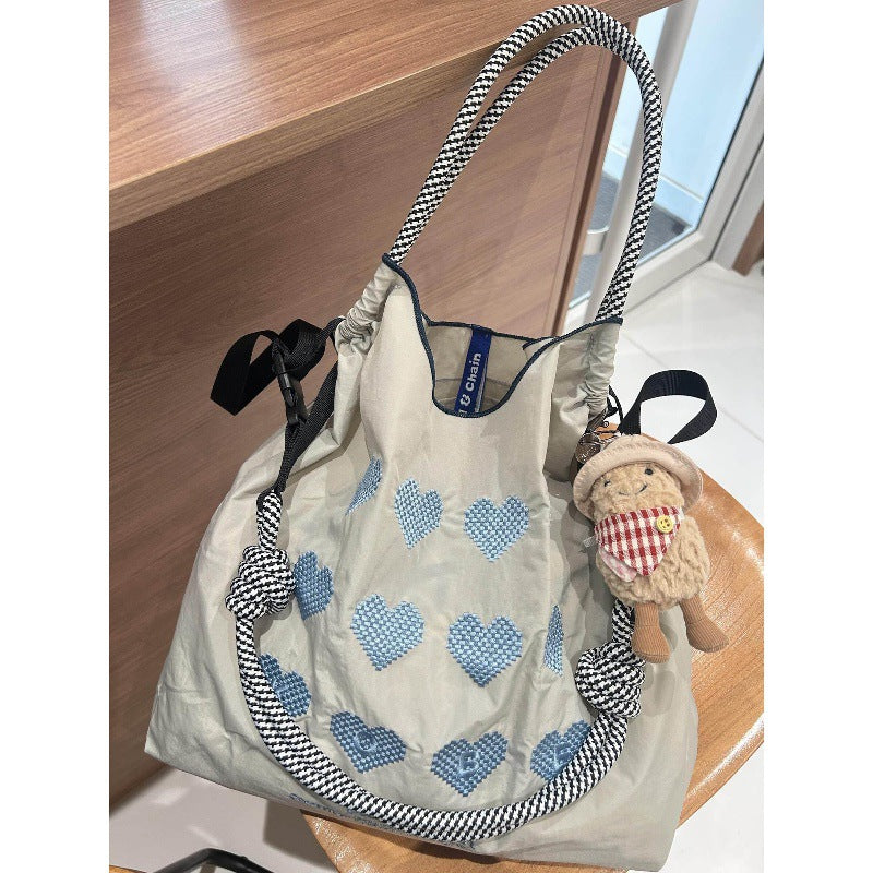 Japanese Ball Chain Heart Embroidery Nylon Tote Bag – Large Capacity Crossbody Shoulder Bag