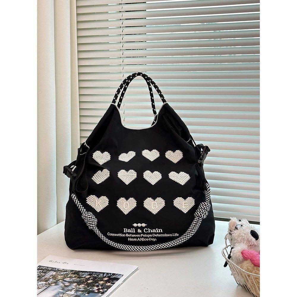 Japanese Ball Chain Heart Embroidery Nylon Tote Bag – Large Capacity Crossbody Shoulder Bag