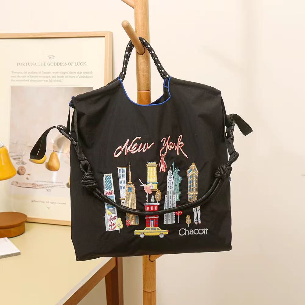 Japanese Style Ball Chain Embroidery Canvas Crossbody Bag – Eco Tote Shoulder Bag