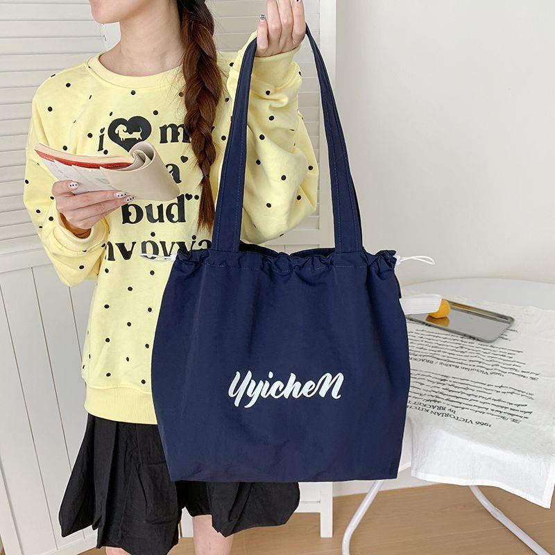 Dopamine Color Drawstring Canvas Shoulder Bag – Korean Lazy Style Large Tote for School & Commute