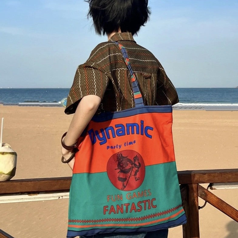 VAUTO Thai Mythology Print Canvas Tote Bag – Colorblock Beach Shoulder Bag
