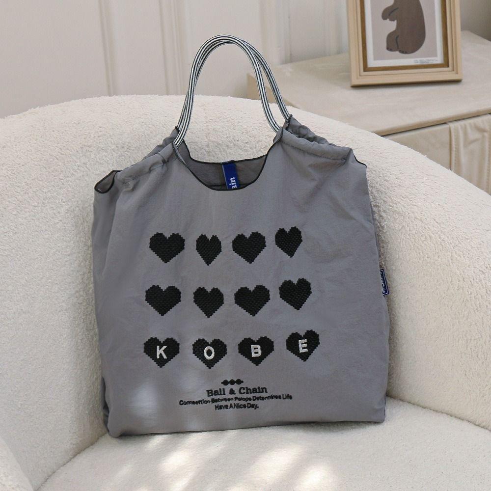 Japanese Ball Chain Heart Embroidery Nylon Tote Bag – Large Capacity Crossbody Shoulder Bag