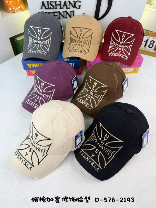 Happy Day Off FX NY LA Iron Cross Star Oversized Embroidered Distressed Cotton Baseball Cap - Vintage Destroyed Street Hat 6 Colors