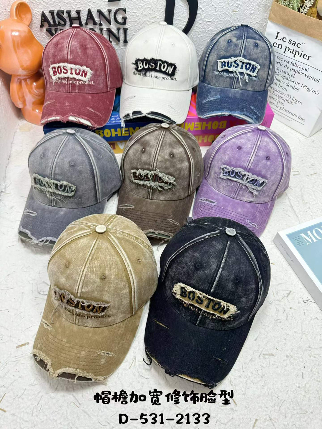 BOSTON Embroidered Washed Distressed Baseball Cap – Vintage Ripped Cotton Hat