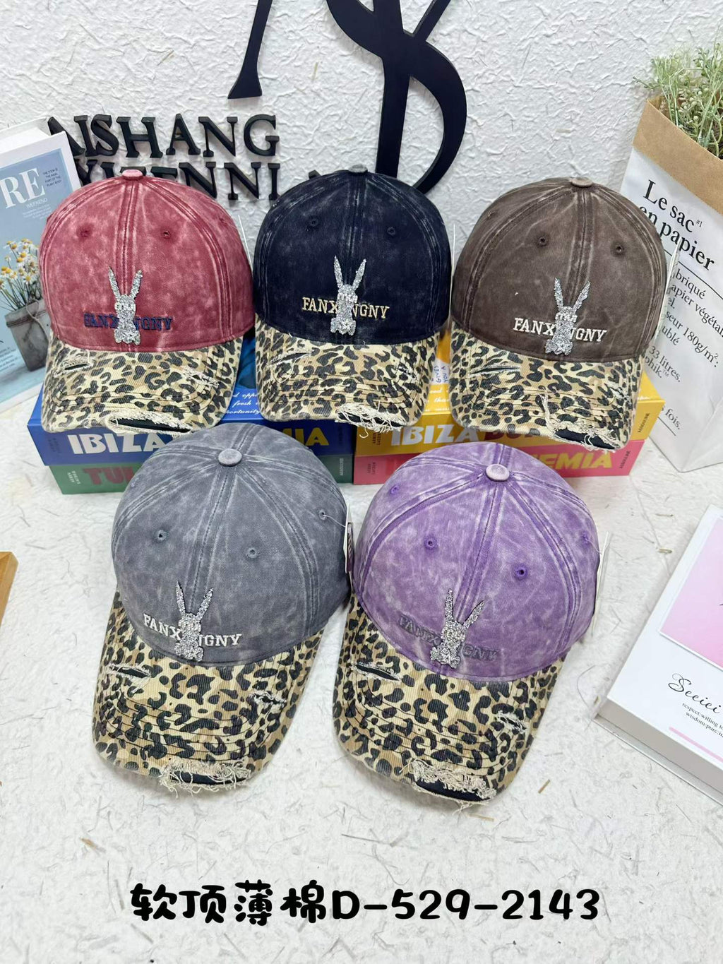 Rhinestone Bunny Washed Baseball Cap – Leopard Brim Distressed Vintage Hat