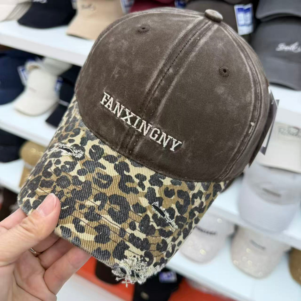 Leopard Print Washed Baseball Cap – Wide Brim Distressed Vintage Hat
