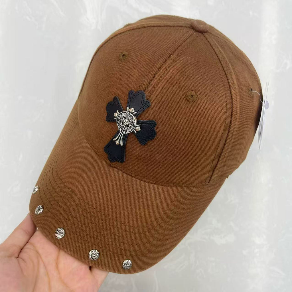 Gothic Cross Leather Patch Medallion Badge Floral Rivet Washed Cotton Baseball Cap - Dark Luxury Street Hat 6 Colors