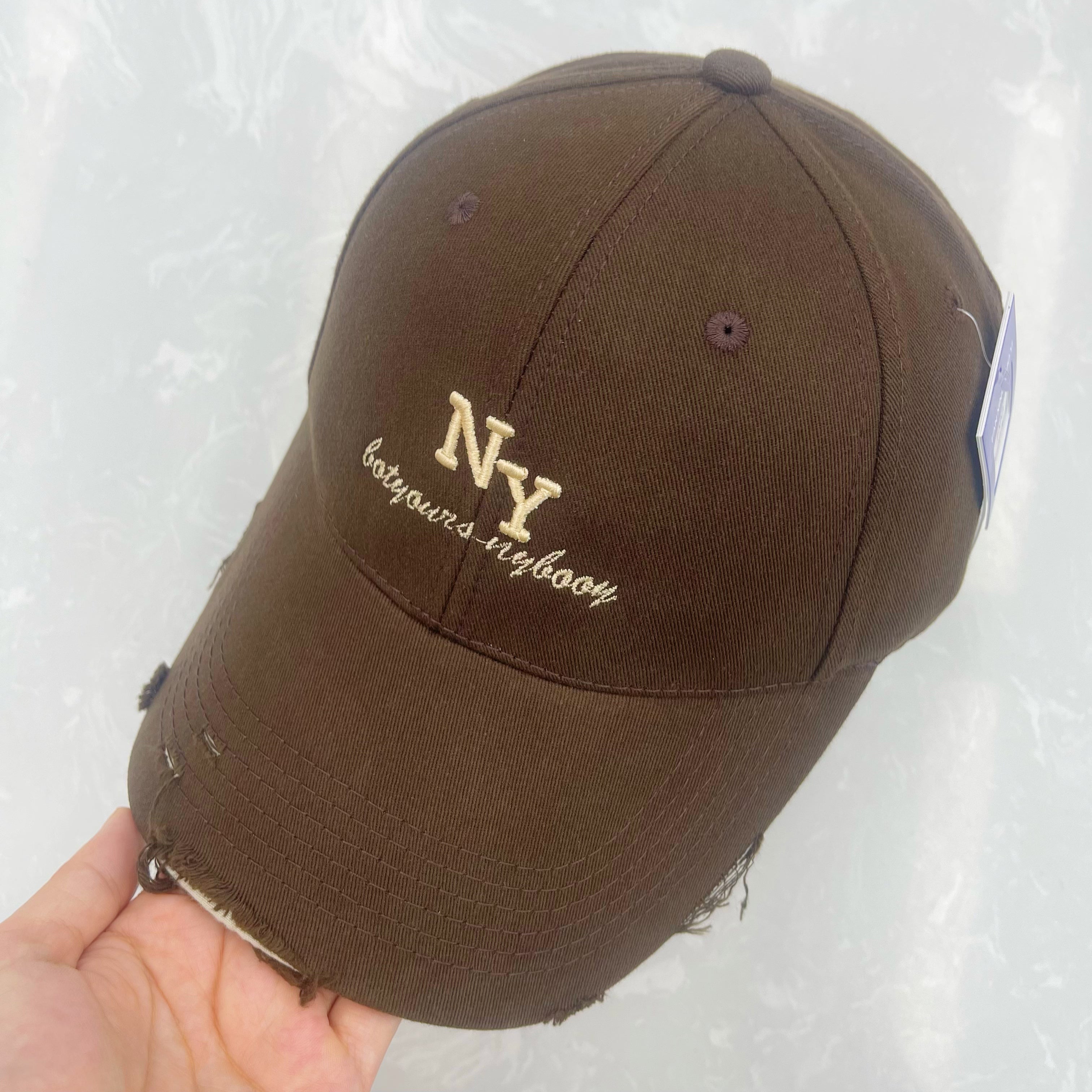 NY Botyours Nybooy Embroidered Distressed Raw Edge Cotton Baseball Cap - Vintage Street Style Hat
