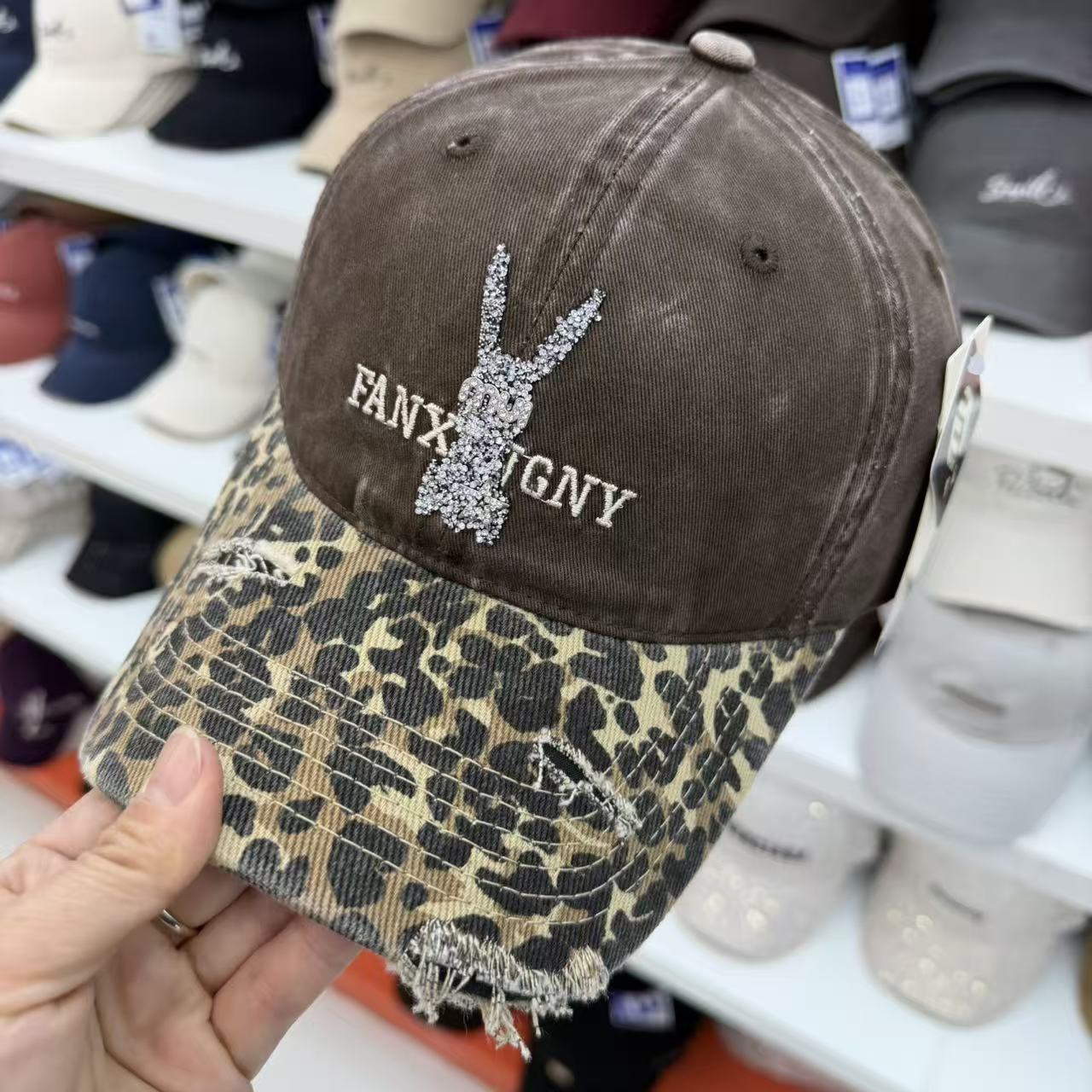 Rhinestone Bunny Washed Baseball Cap – Leopard Brim Distressed Vintage Hat