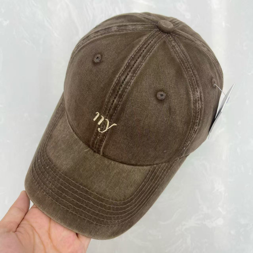 Cursive ny Script Embroidered Washed Cotton Baseball Cap - Minimalist Soft Top Vintage Hat