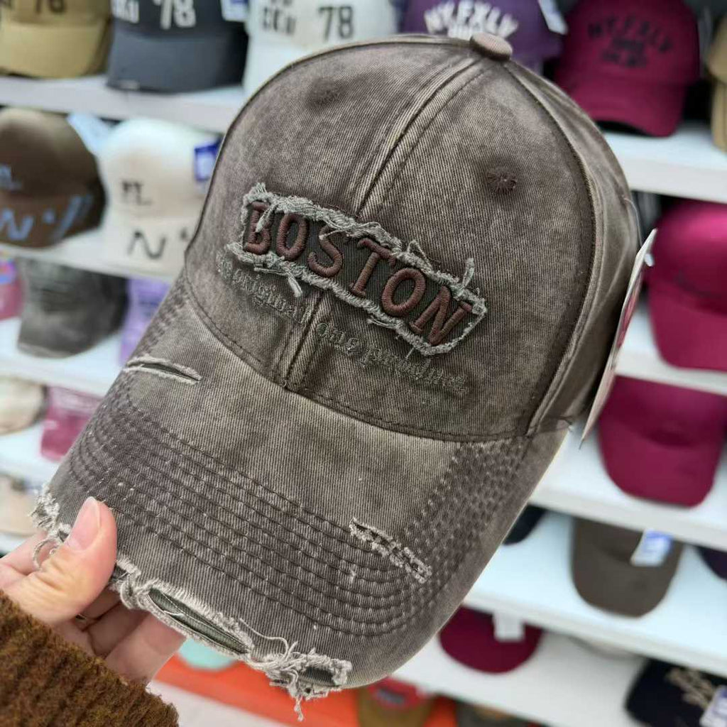 BOSTON Embroidered Washed Distressed Baseball Cap – Vintage Ripped Cotton Hat