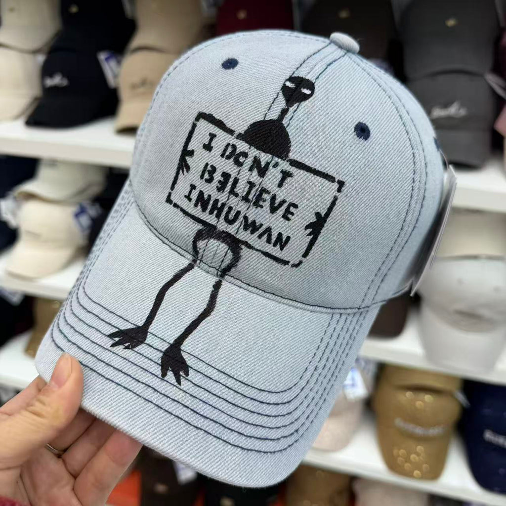 "I Don't Believe Inhuwan" Alien Embroidered Washed Denim Baseball Cap – Wide Brim Soft Top Vintage Hat