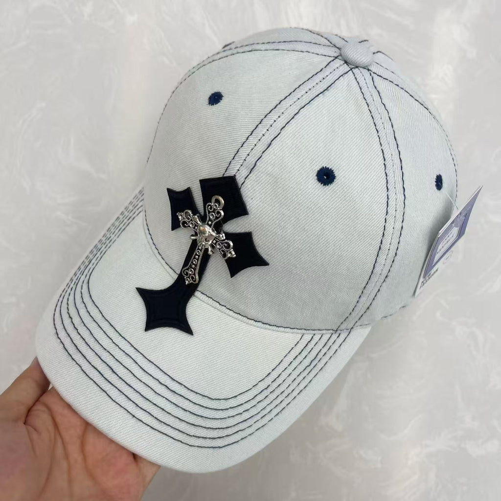 Gothic Cross Metal Charm Hand-Washed Denim Baseball Cap – Wide Brim Vintage Soft Top Hat