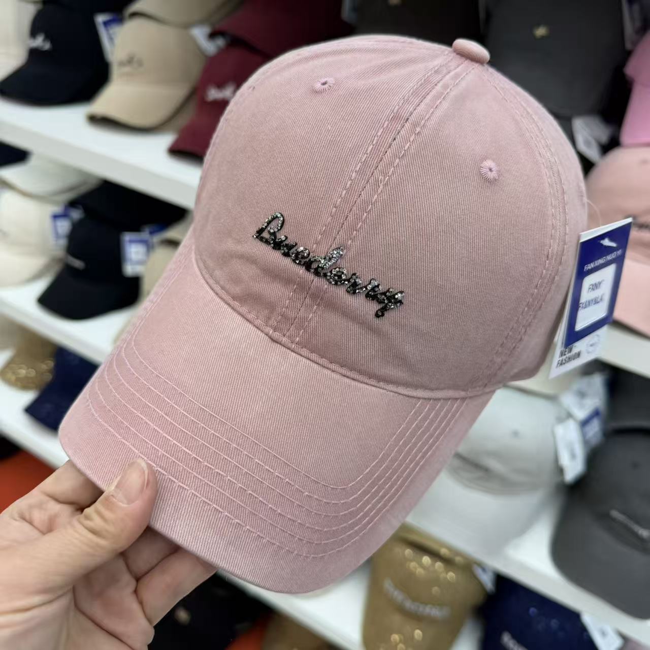 Crystal Rhinestone Cursive Script Washed Cotton Baseball Cap - Glamour Soft Top Vintage Hat 6 Colors