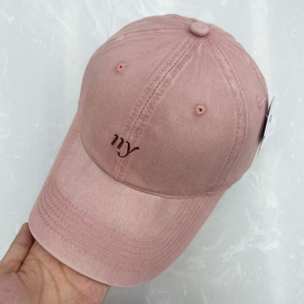 Cursive ny Script Embroidered Washed Cotton Baseball Cap - Minimalist Soft Top Vintage Hat