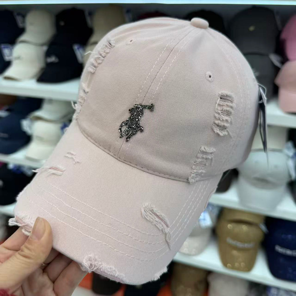 Rhinestone Equestrian Washed Distressed Baseball Cap – Vintage Ripped Cotton Hat