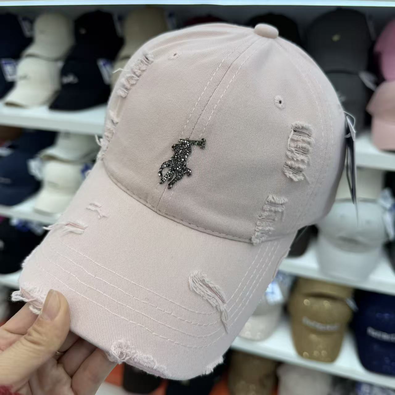 Rhinestone Equestrian Washed Distressed Baseball Cap – Vintage Ripped Cotton Hat