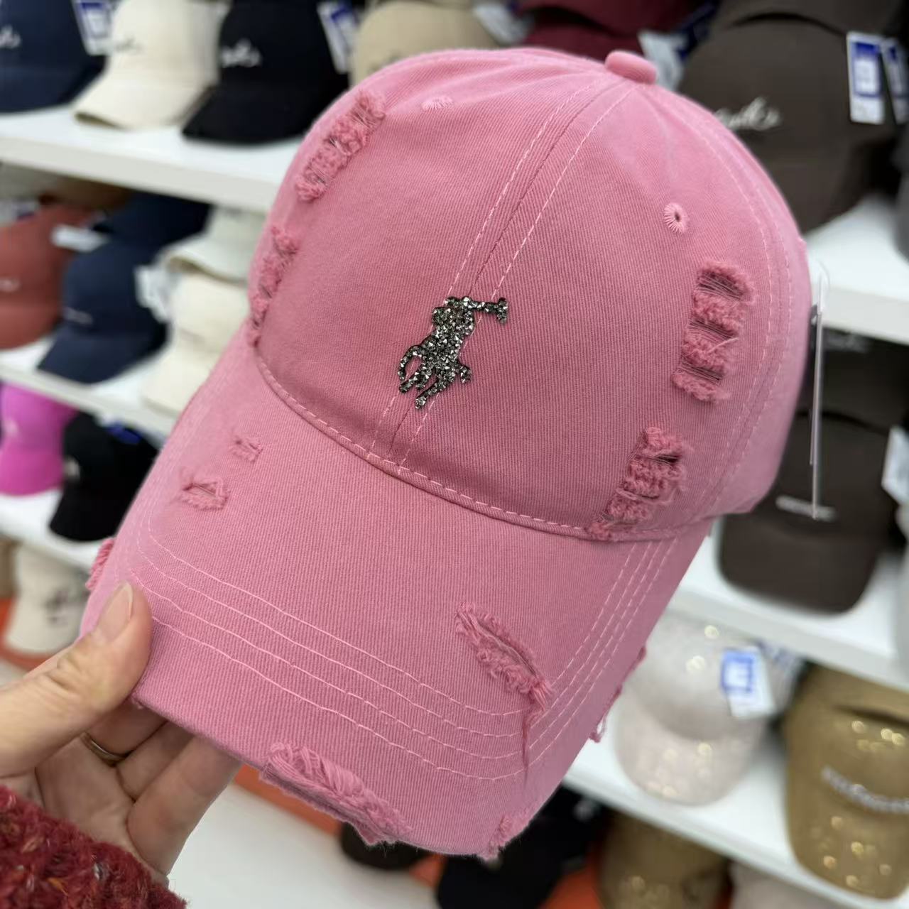 Rhinestone Equestrian Washed Distressed Baseball Cap – Vintage Ripped Cotton Hat