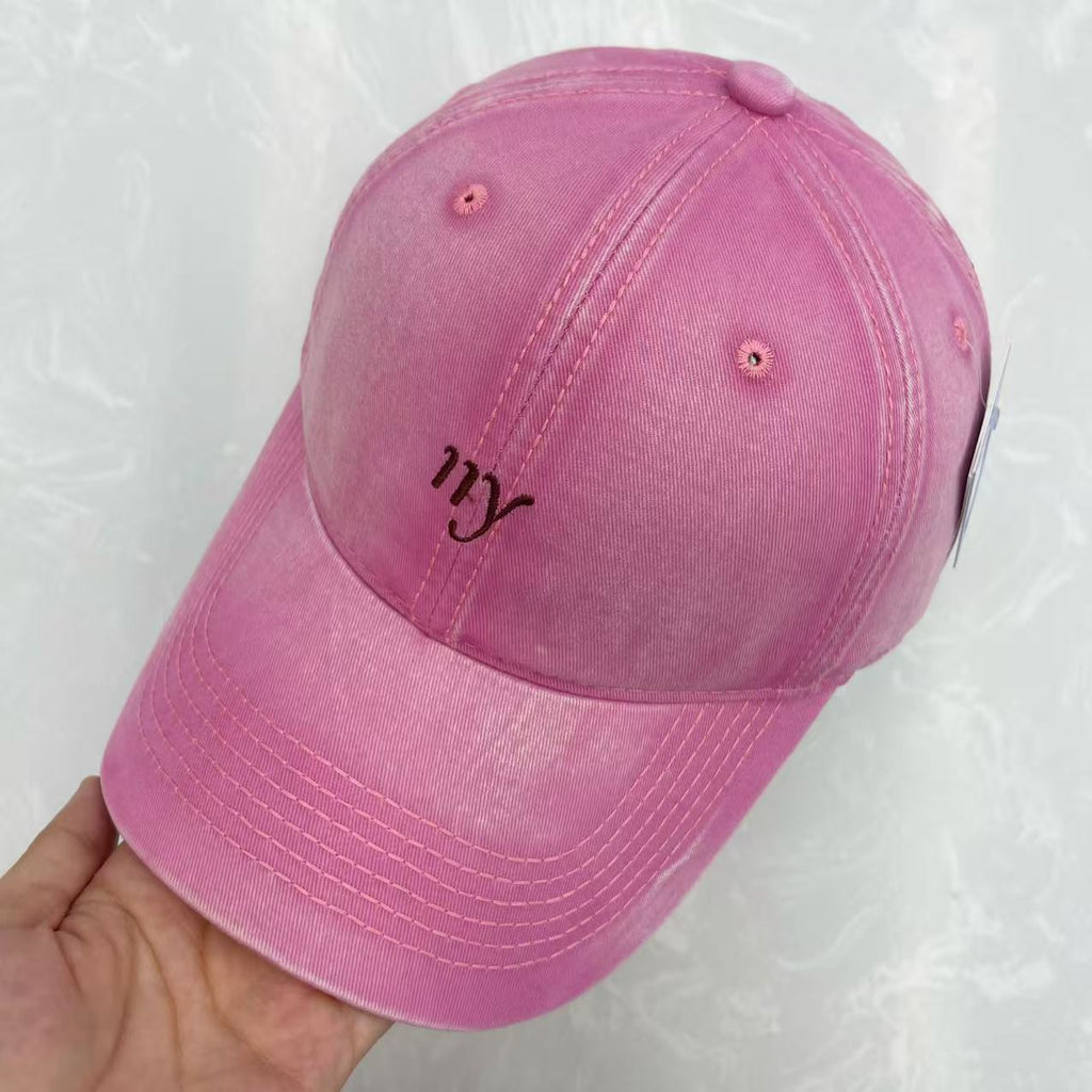 Cursive ny Script Embroidered Washed Cotton Baseball Cap - Minimalist Soft Top Vintage Hat