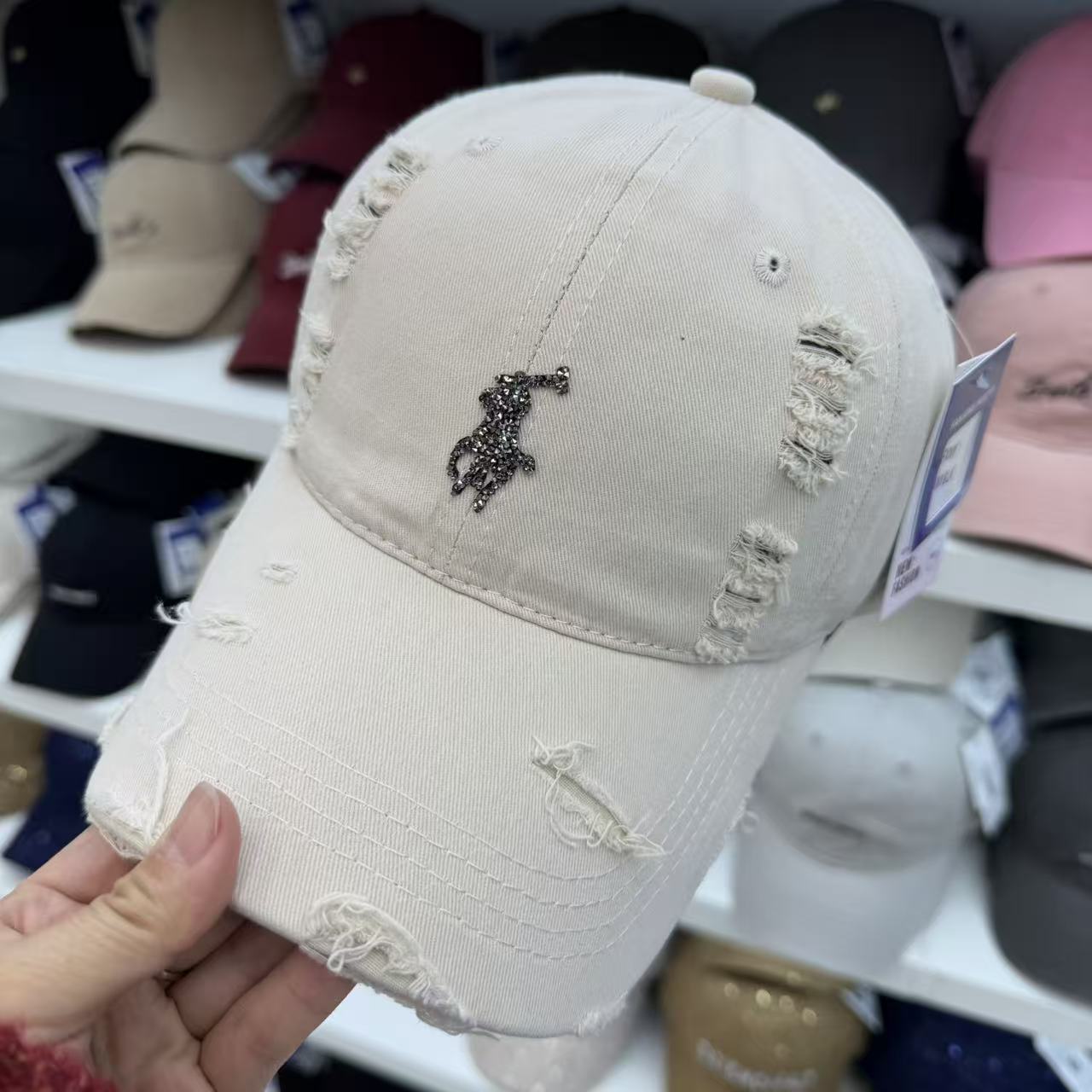 Rhinestone Equestrian Washed Distressed Baseball Cap – Vintage Ripped Cotton Hat