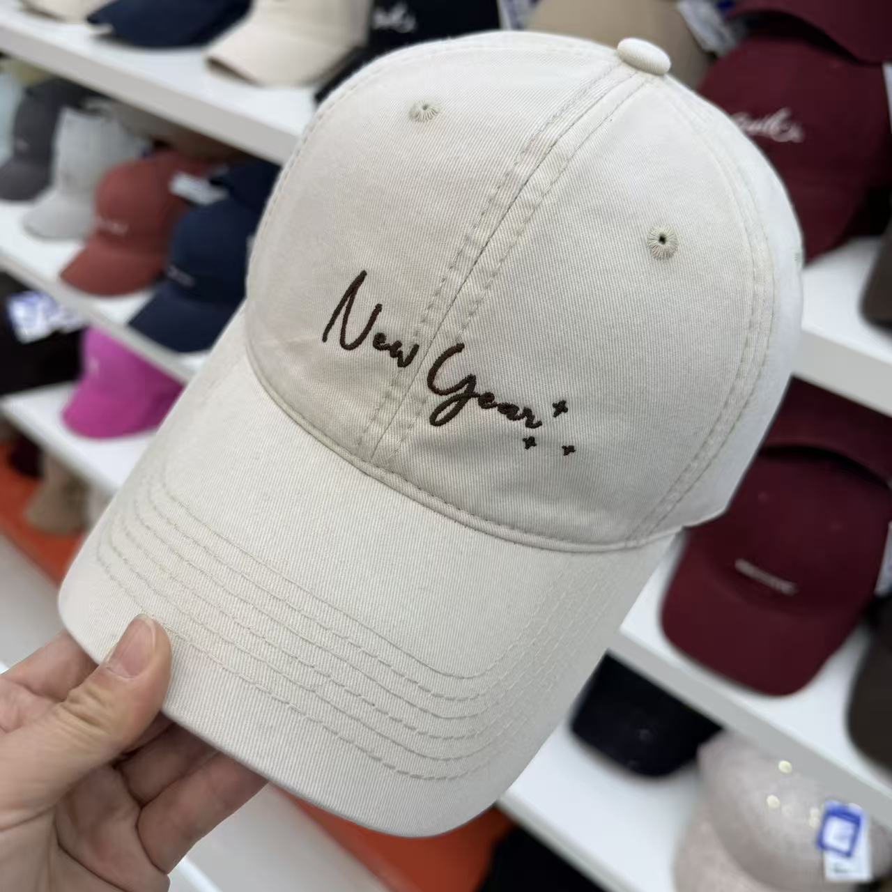 New Year+ Cursive Script Embroidered Washed Cotton Baseball Cap - Wide Brim Soft Top Dad Hat 11 Colors